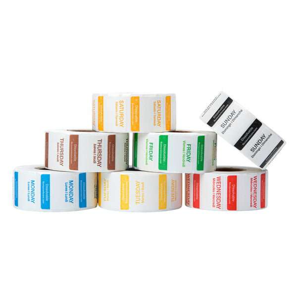 Restaurantware RW Smart 7-Day Weekly Food Rotation Label - Dissolvable Trilingual - 1" X 1" - 3500 Labels