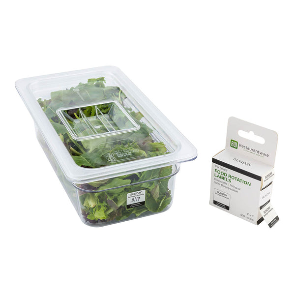 Restaurantware RW Smart Black Paper Weekly Sunday Food Rotation Label - Dissolvable Trilingual - 1" X 1" - 500 Count Roll