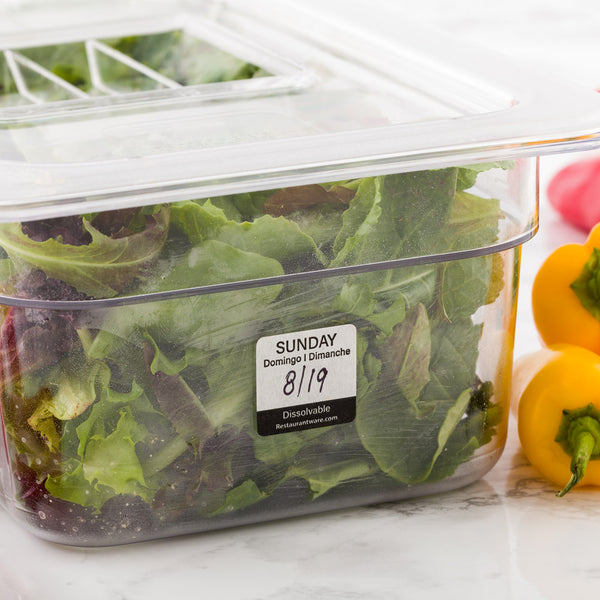 Restaurantware RW Smart Black Paper Weekly Sunday Food Rotation Label - Dissolvable Trilingual - 1" X 1" - 500 Count Roll