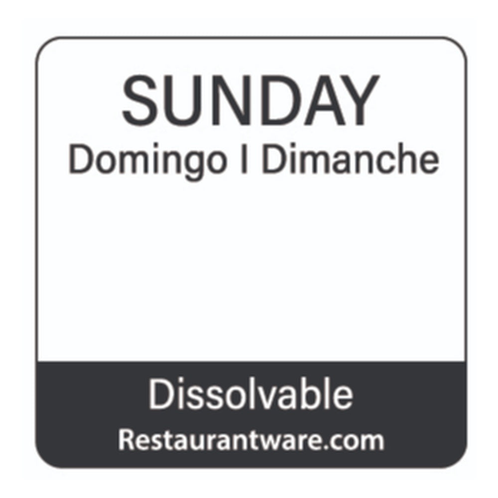 restaurantware RW Smart Black Paper Weekly Sunday Food Rotation Label - Dissolvable Trilingual - 1" x 1" - 500 count roll
