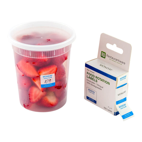 Restaurantware RW Smart Blue Paper Weekly Monday Food Rotation Label - Dissolvable Trilingual - 1" X 1" - 500 Count Roll