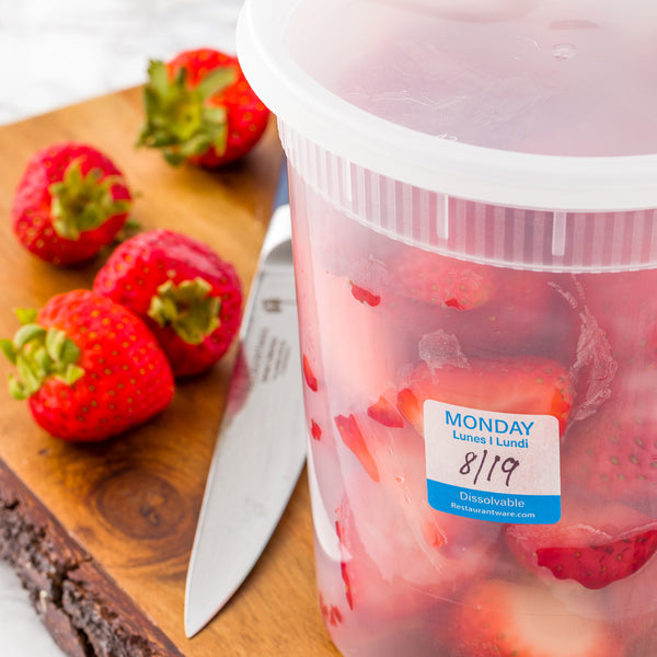 Restaurantware RW Smart Blue Paper Weekly Monday Food Rotation Label - Dissolvable Trilingual - 1" X 1" - 500 Count Roll