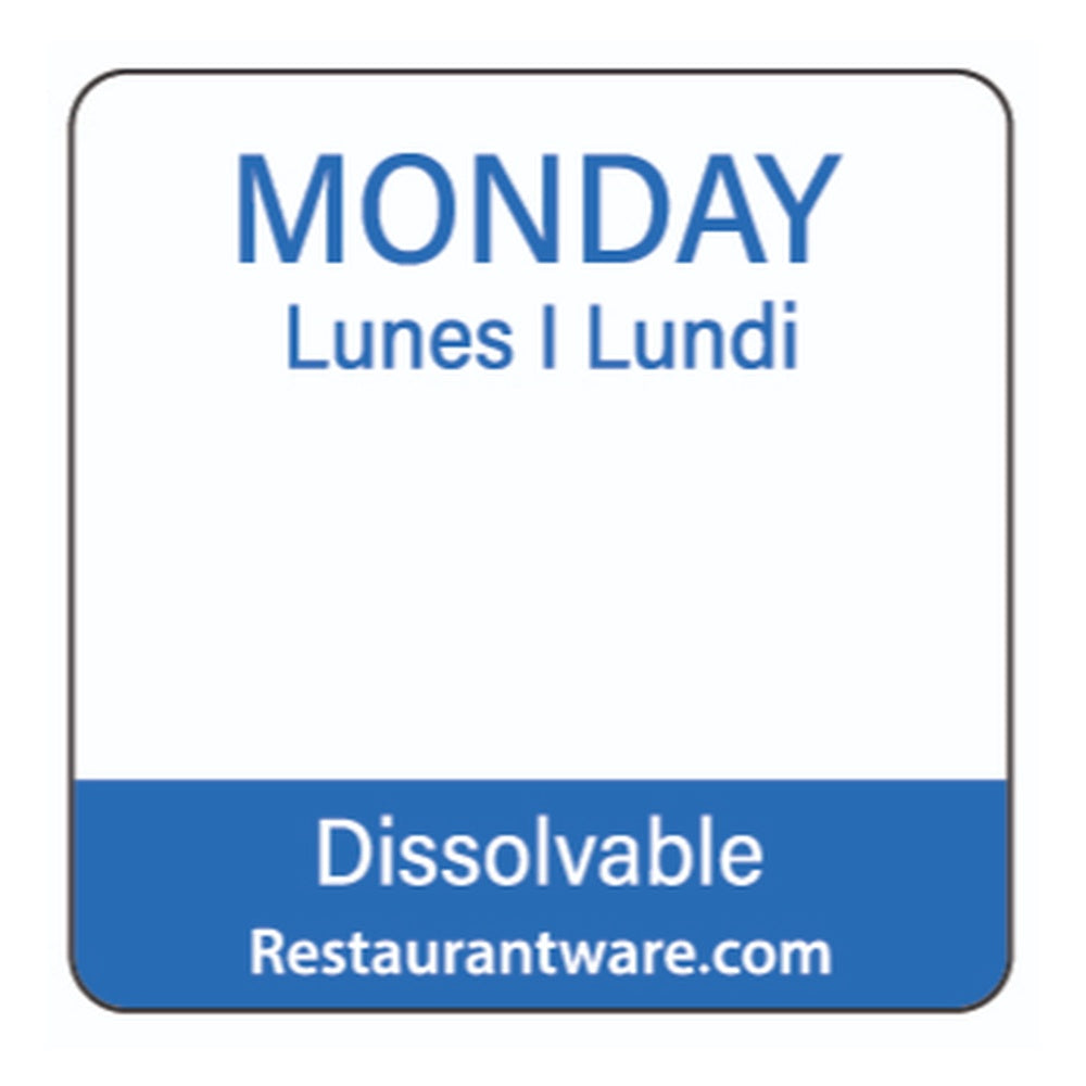 restaurantware RW Smart Blue Paper Weekly Monday Food Rotation Label - Dissolvable Trilingual - 1" x 1" - 500 count roll
