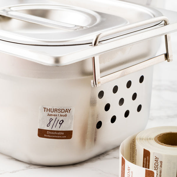 Restaurantware RW Smart Brown Paper Weekly Thursday Food Rotation Label - Dissolvable Trilingual - 1" X 1" - 500 Count Roll