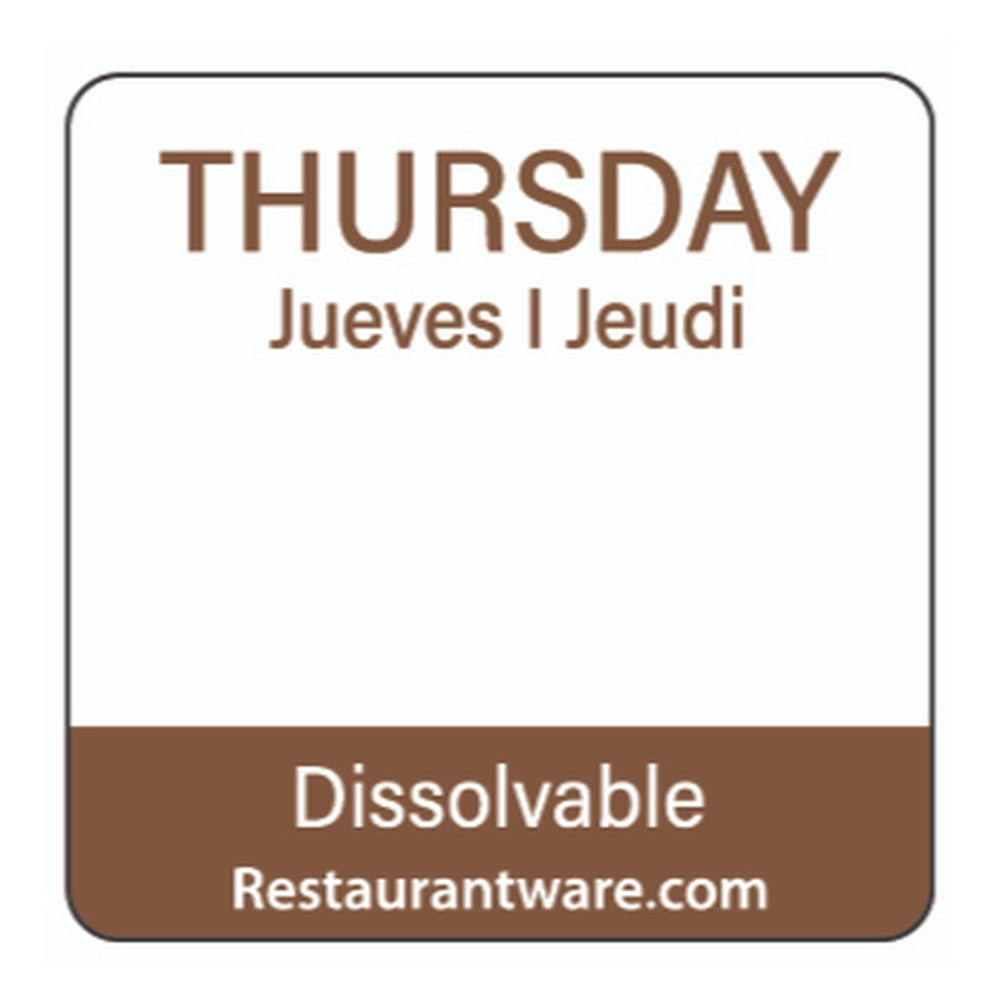 restaurantware RW Smart Brown Paper Weekly Thursday Food Rotation Label - Dissolvable Trilingual - 1" x 1" - 500 count roll
