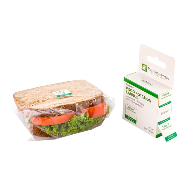 Restaurantware RW Smart Green Paper Weekly Friday Food Rotation Label - Dissolvable Trilingual - 1" X 1" - 500 Count Roll