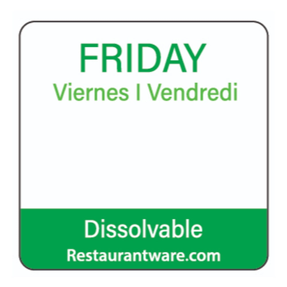 restaurantware RW Smart Green Paper Weekly Friday Food Rotation Label - Dissolvable Trilingual - 1" x 1" - 500 count roll