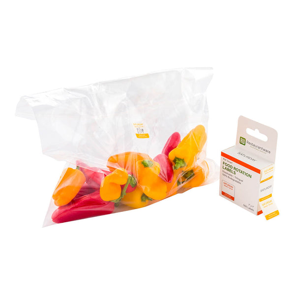Restaurantware RW Smart Orange Paper Weekly Saturday Food Rotation Label - Dissolvable Trilingual - 1" X 1" - 500 Count Roll