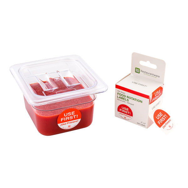 Restaurantware RW Smart Red Paper Use First Food Rotation Label - Removable Bilingual - 2" X 2" - 500 Count Roll