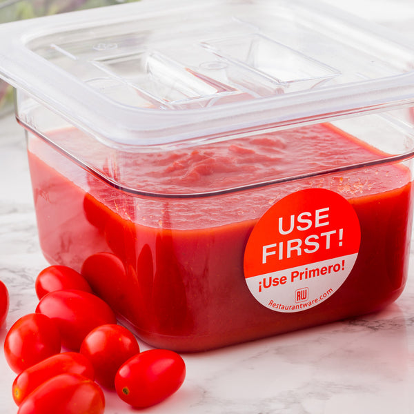 Restaurantware RW Smart Red Paper Use First Food Rotation Label - Removable Bilingual - 2" X 2" - 500 Count Roll