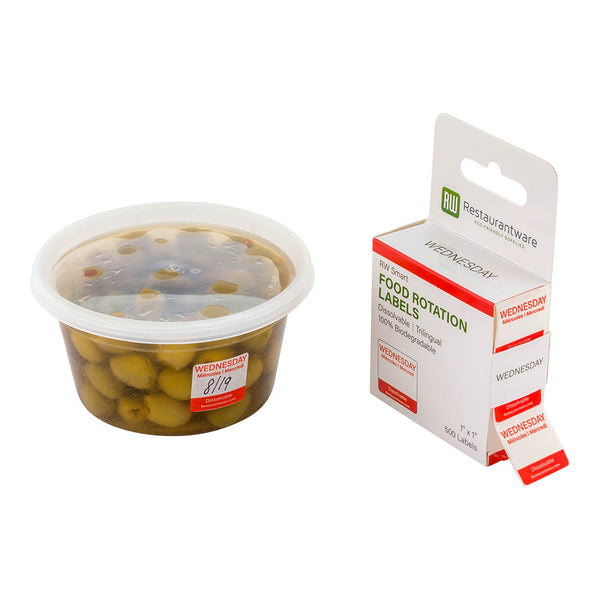 Restaurantware RW Smart Red Paper Weekly Wednesday Food Rotation Label - Dissolvable Trilingual - 1" X 1" - 500 Count Roll
