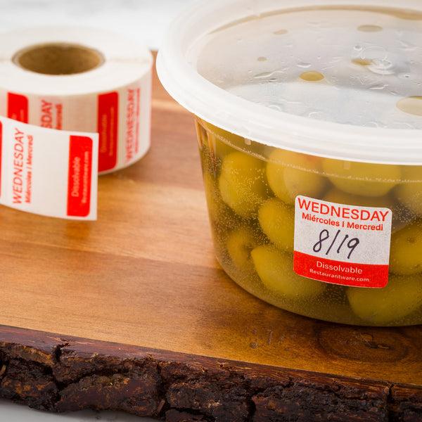 Restaurantware RW Smart Red Paper Weekly Wednesday Food Rotation Label - Dissolvable Trilingual - 1" X 1" - 500 Count Roll