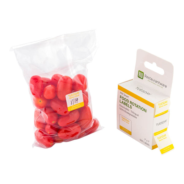 Restaurantware RW Smart Yellow Paper Weekly Tuesday Food Rotation Label - Dissolvable Trilingual - 1" X 1" - 500 Count Roll