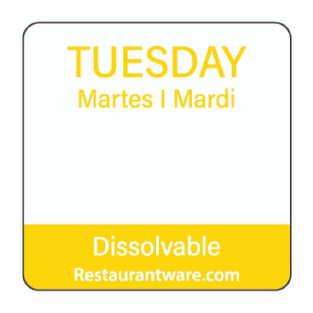 restaurantware RW Smart Yellow Paper Weekly Tuesday Food Rotation Label - Dissolvable Trilingual - 1" x 1" - 500 count roll