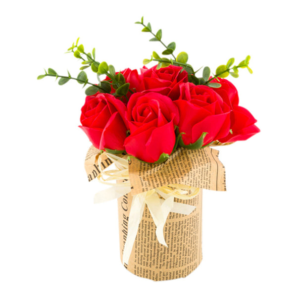Restaurantware Sapone Del Fiore Round Red Plastic Roses In Plastic Pot - 7 Blooms - 4" X 4" X 8 3/4" - 12 Count Box