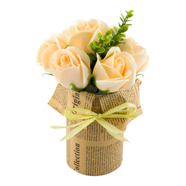 Restaurantware Sapone Del Fiore Round Yellow Plastic Roses In Plastic Pot - 7 Blooms - 4" X 4" X 8 3/4" - 12 Count Box