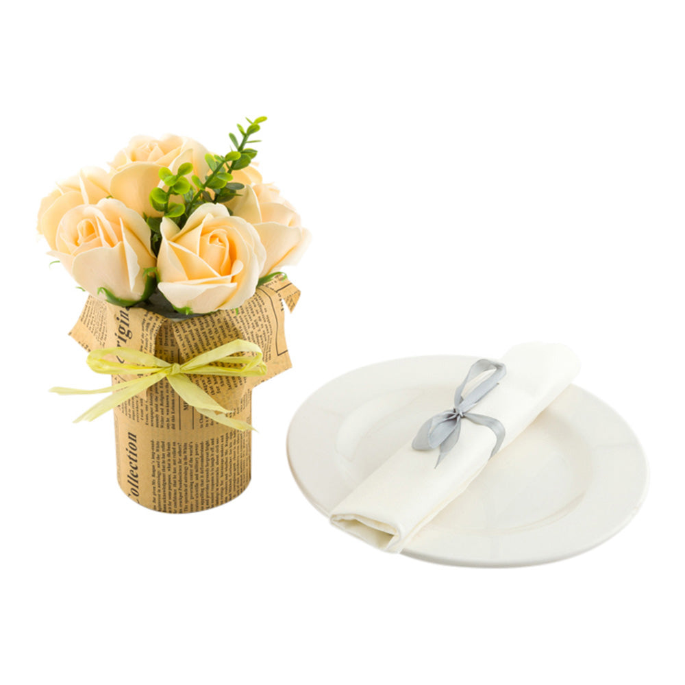 restaurantware Sapone del Fiore Round Yellow Plastic Roses in Plastic Pot - 7 Blooms - 4" x 4" x 8 3/4" - 12 count box