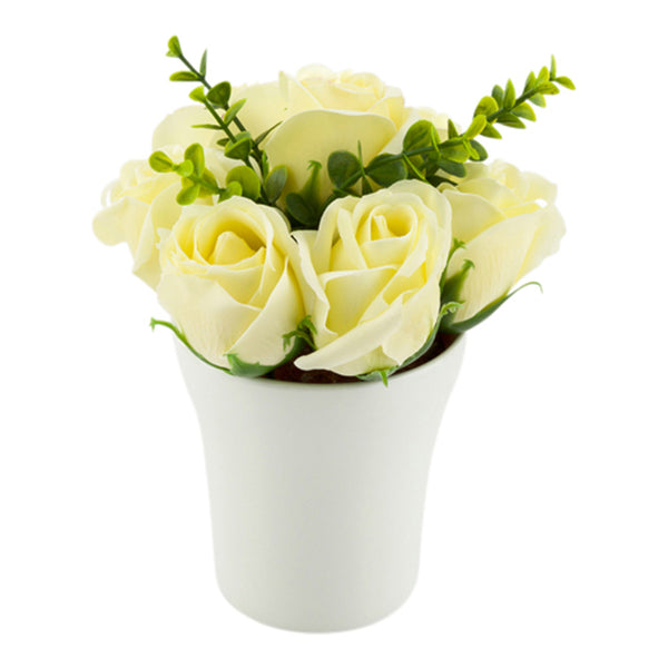 Restaurantware Sapone Del Fiore Round Yellow Plastic Roses In Porcelain Pot - 7 Blooms - 4" X 4" X 6" - 12 Count Box