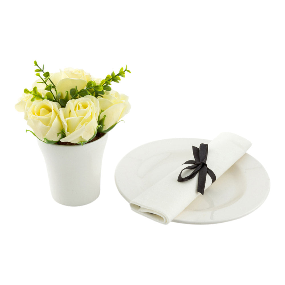 restaurantware Sapone del Fiore Round Yellow Plastic Roses in Porcelain Pot - 7 Blooms - 4" x 4" x 6" - 12 count box