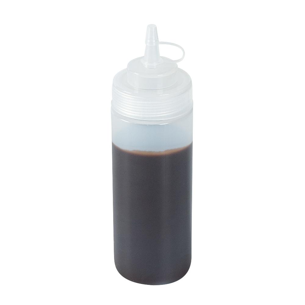 restaurantware Sauce Tek 12 oz Clear Plastic Squeeze Bottle - with Cap Wide Mouth - 2 1/4" x 2 1/4" x 7 3/4" - 1 count box