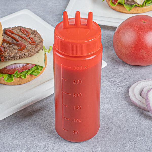 Restaurantware Sauce Tek 12 Oz Red Plastic Ketchup Squeeze Bottle - With Triple Dispersion Tip - 6 Count Box