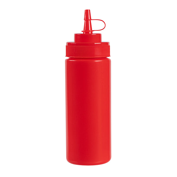 Restaurantware Sauce Tek 12 Oz Red Plastic Squeeze Bottle - With Cap Wide Mouth - 2 1/4" X 2 1/4" X 7 3/4" - 1 Count Box