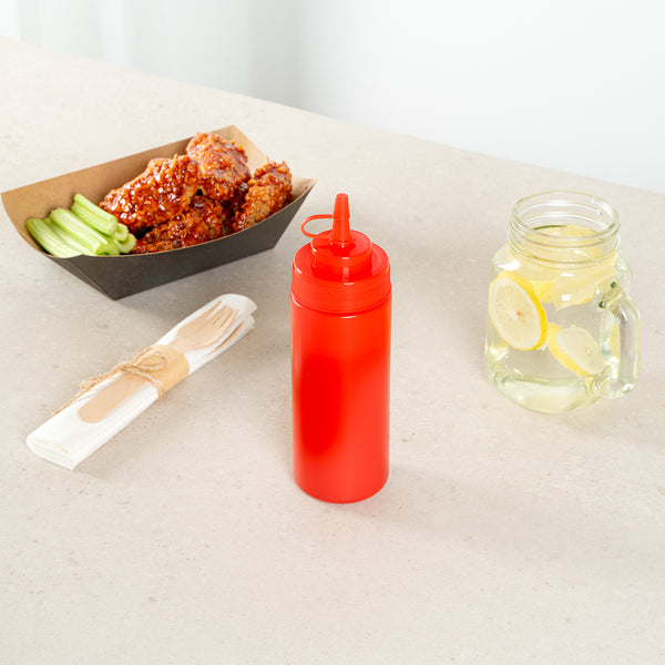 Restaurantware Sauce Tek 12 Oz Red Plastic Squeeze Bottle - With Cap Wide Mouth - 2 1/4" X 2 1/4" X 7 3/4" - 1 Count Box