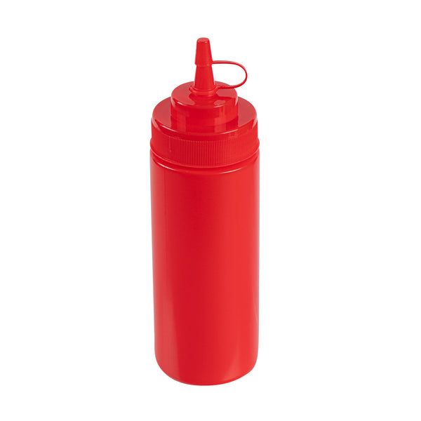 Restaurantware Sauce Tek 12 Oz Red Plastic Squeeze Bottle - With Cap Wide Mouth - 2 1/4" X 2 1/4" X 7 3/4" - 1 Count Box