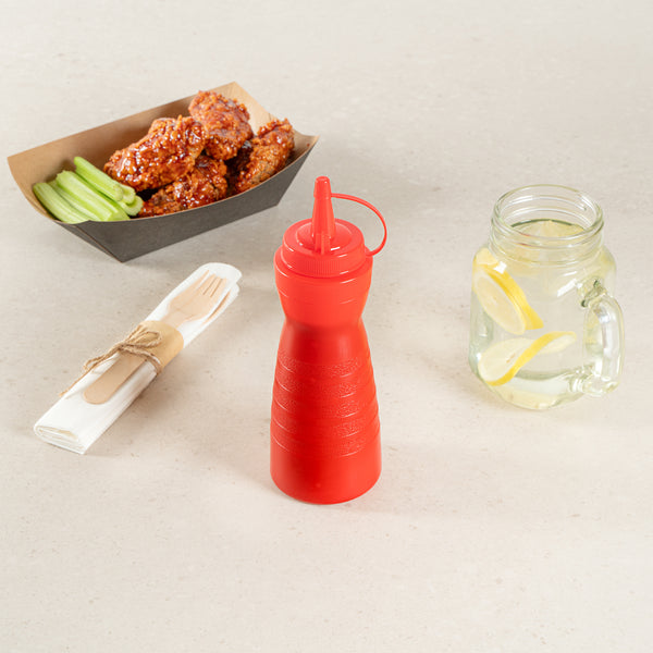 Restaurantware Sauce Tek 12 Oz Red Plastic Squeeze Bottle - With Cap - 2 1/4" X 2 1/4" X 7 3/4" - 1 Count Box