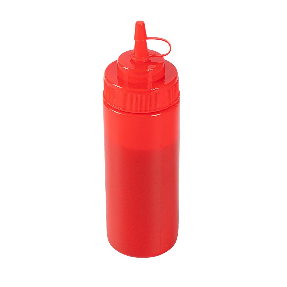restaurantware Sauce Tek 12 oz Red Plastic Squeeze Bottle - with Cap Wide Mouth - 2 1/4" x 2 1/4" x 7 3/4" - 1 count box