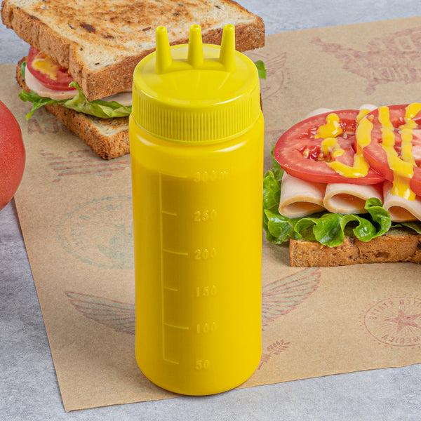 Restaurantware Sauce Tek 12 Oz Yellow Plastic Mustard Squeeze Bottle - With Triple Dispersion Tip - 6 Count Box