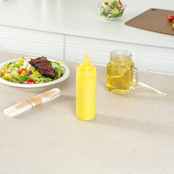 Restaurantware Sauce Tek 12 Oz Yellow Plastic Squeeze Bottle - With Cap Wide Mouth - 2 1/4" X 2 1/4" X 7 3/4" - 1 Count Box