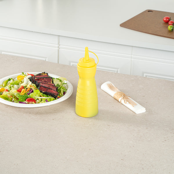 Restaurantware Sauce Tek 12 Oz Yellow Plastic Squeeze Bottle - With Cap - 2 1/4" X 2 1/4" X 7 3/4" - 1 Count Box