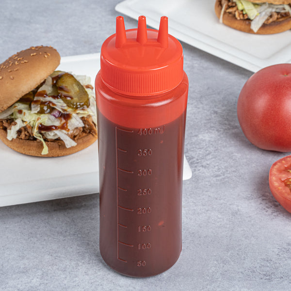 Restaurantware Sauce Tek 16 Oz Red Plastic Ketchup Squeeze Bottle - With Triple Dispersion Tip - 6 Count Box