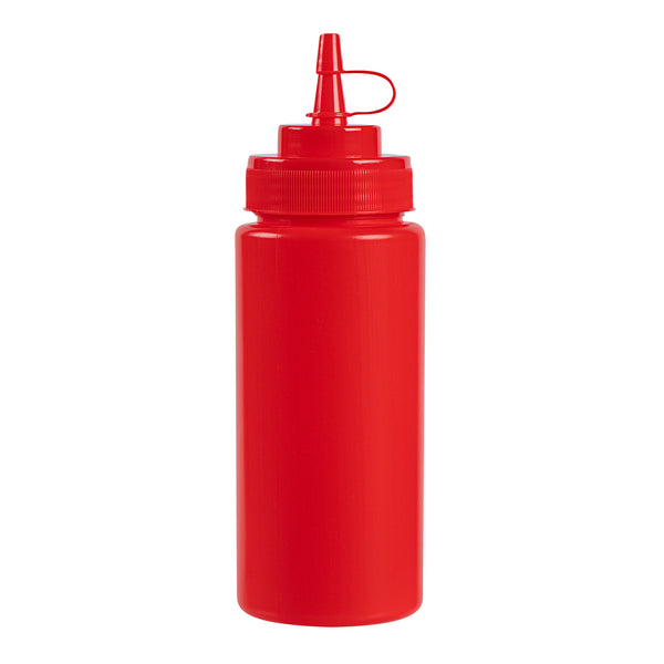 Restaurantware Sauce Tek 16 Oz Red Plastic Squeeze Bottle - With Cap Wide Mouth - 2 1/2" X 2 1/2" X 7 3/4" - 1 Count Box