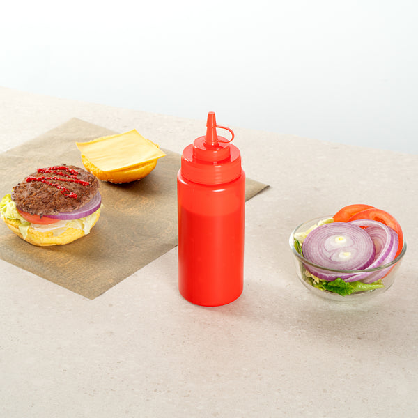 Restaurantware Sauce Tek 16 Oz Red Plastic Squeeze Bottle - With Cap Wide Mouth - 2 1/2" X 2 1/2" X 7 3/4" - 1 Count Box