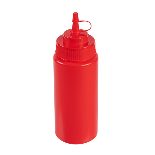 Restaurantware Sauce Tek 16 Oz Red Plastic Squeeze Bottle - With Cap Wide Mouth - 2 1/2" X 2 1/2" X 7 3/4" - 1 Count Box