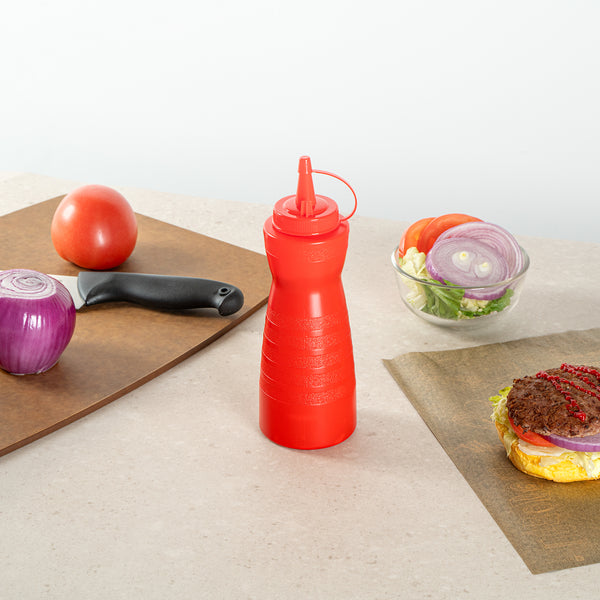 Restaurantware Sauce Tek 16 Oz Red Plastic Squeeze Bottle - With Cap - 2 3/4" X 2 3/4" X 7 3/4" - 1 Count Box