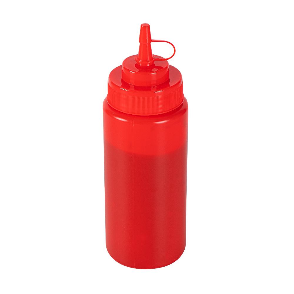 restaurantware Sauce Tek 16 oz Red Plastic Squeeze Bottle - with Cap Wide Mouth - 2 1/2" x 2 1/2" x 7 3/4" - 1 count box