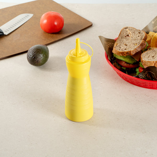 Restaurantware Sauce Tek 16 Oz Yellow Plastic Squeeze Bottle - With Cap - 2 3/4" X 2 3/4" X 7 3/4" - 1 Count Box
