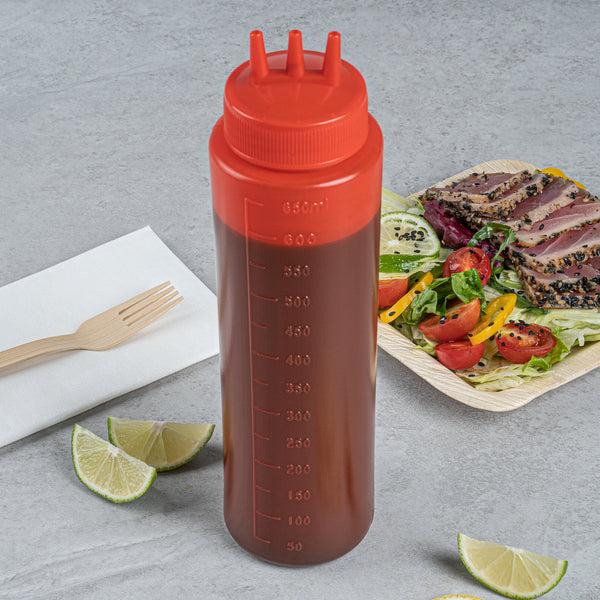 Restaurantware Sauce Tek 24 Oz Red Plastic Ketchup Squeeze Bottle - With Triple Dispersion Tip - 6 Count Box