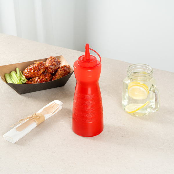 Restaurantware Sauce Tek 24 Oz Red Plastic Squeeze Bottle - With Cap - 2 3/4" X 2 3/4" X 10 1/4" - 1 Count Box