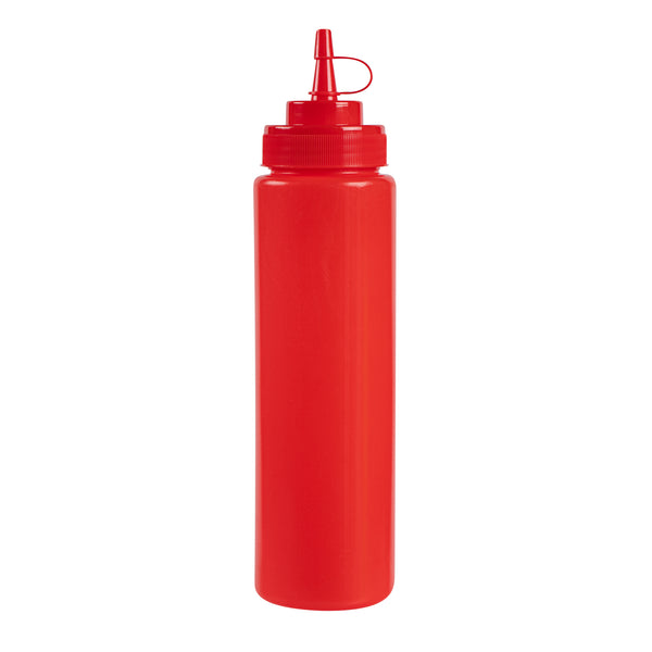 Restaurantware Sauce Tek 24 Oz Red Plastic Squeeze Bottle - With Cap Wide Mouth - 2 1/2" X 2 1/2" X 10 1/4" - 1 Count Box