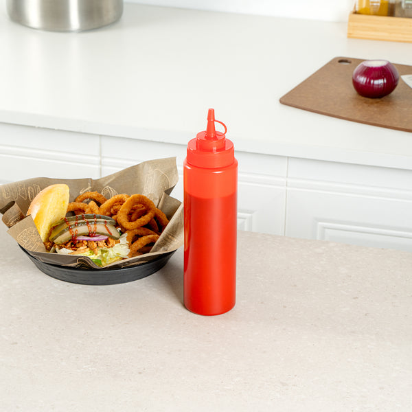 Restaurantware Sauce Tek 24 Oz Red Plastic Squeeze Bottle - With Cap Wide Mouth - 2 1/2" X 2 1/2" X 10 1/4" - 1 Count Box