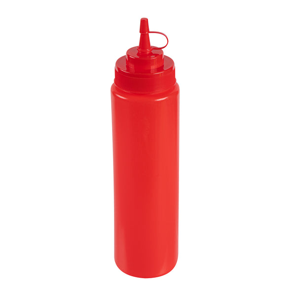 Restaurantware Sauce Tek 24 Oz Red Plastic Squeeze Bottle - With Cap Wide Mouth - 2 1/2" X 2 1/2" X 10 1/4" - 1 Count Box