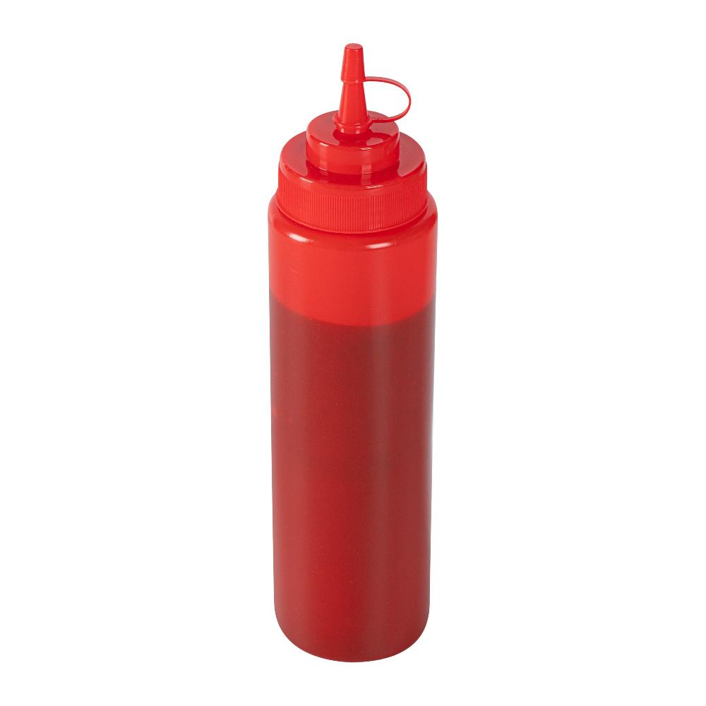 restaurantware Sauce Tek 24 oz Red Plastic Squeeze Bottle - with Cap Wide Mouth - 2 1/2" x 2 1/2" x 10 1/4" - 1 count box
