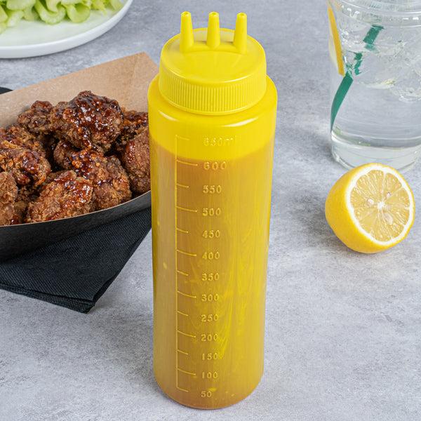 Restaurantware Sauce Tek 24 Oz Yellow Plastic Mustard Squeeze Bottle - With Triple Dispersion Tip - 6 Count Box