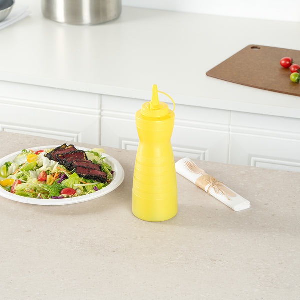 Restaurantware Sauce Tek 24 Oz Yellow Plastic Squeeze Bottle - With Cap - 2 3/4" X 2 3/4" X 10 1/4" - 1 Count Box