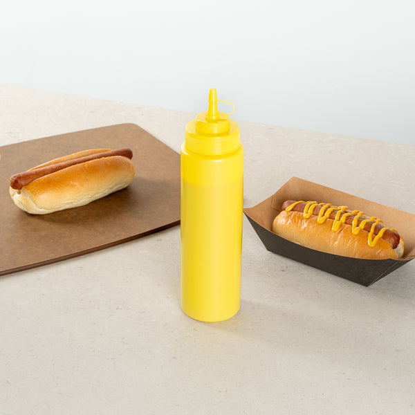 Restaurantware Sauce Tek 24 Oz Yellow Plastic Squeeze Bottle - With Cap Wide Mouth - 2 1/2" X 2 1/2" X 10 1/4" - 1 Count Box