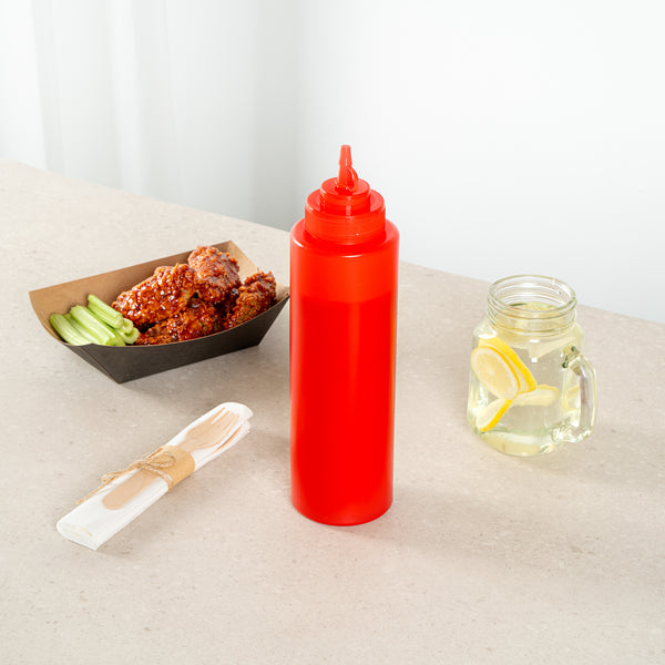 Restaurantware Sauce Tek 32 Oz Red Plastic Squeeze Bottle - With Cap Wide Mouth - 3" X 3" X 11 1/2" - 1 Count Box